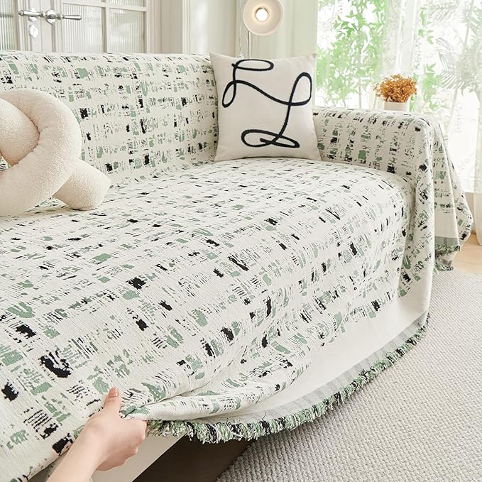 DREAMINGO Abstract Chenille Couch Cover Blanket Beige Green Black Boho Sofa