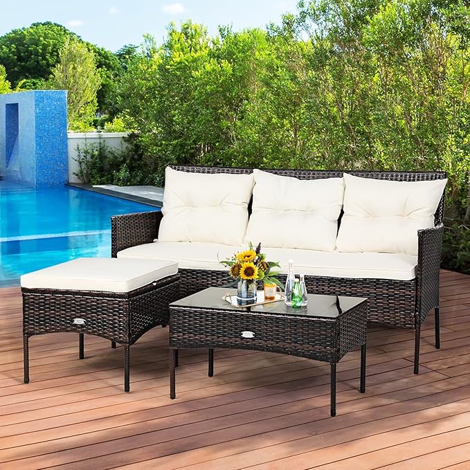 Tangkula 3 Pieces Patio Conversation Set, Outdoor PE Rattan Wicker Furniture