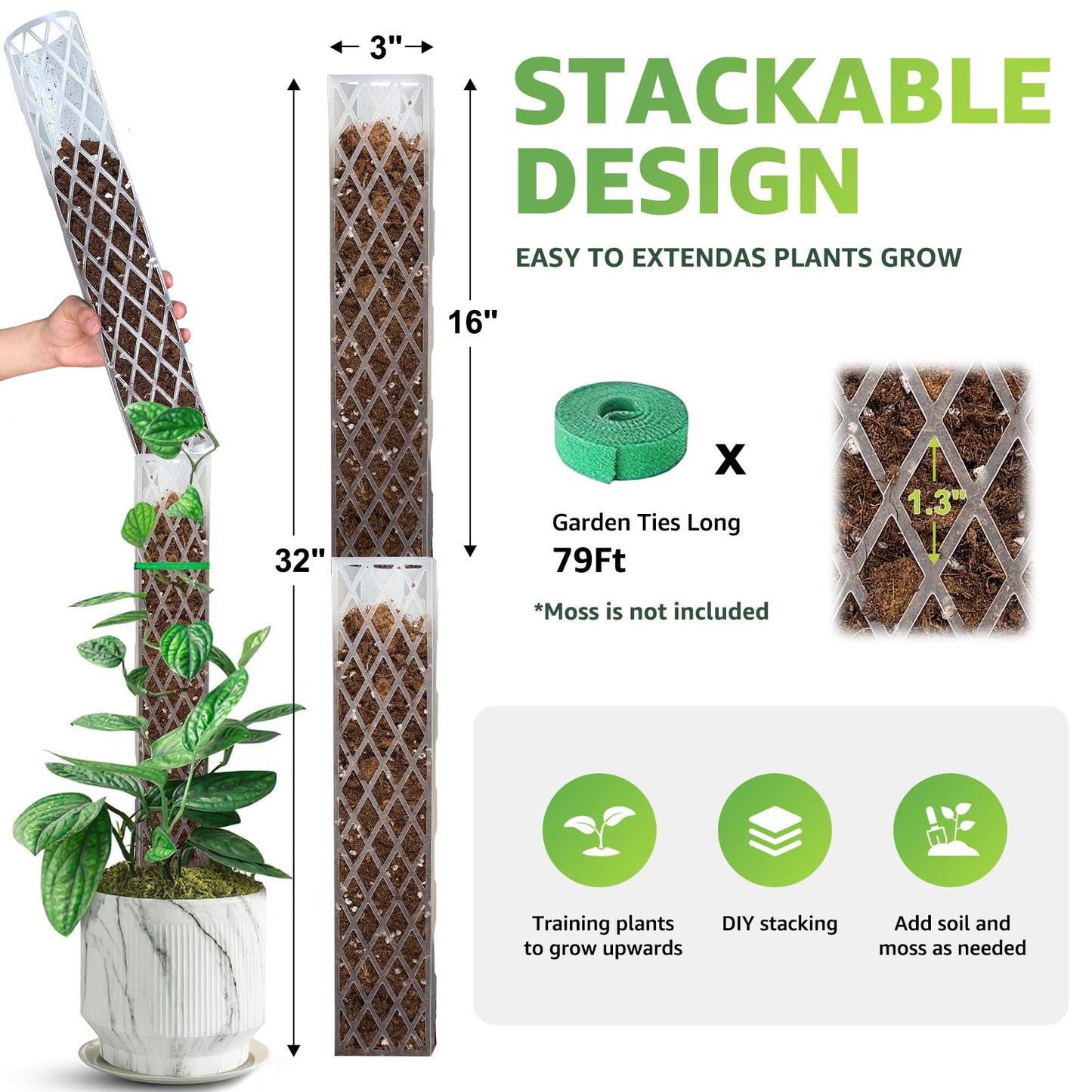 Sisher 6 Pcs Monstera Moss Pole,Plastic Moss Poles for Climbing Plants Work with Sphagnum Moss,6×16'' Plant Support for Indoor Plants,Garden Ties