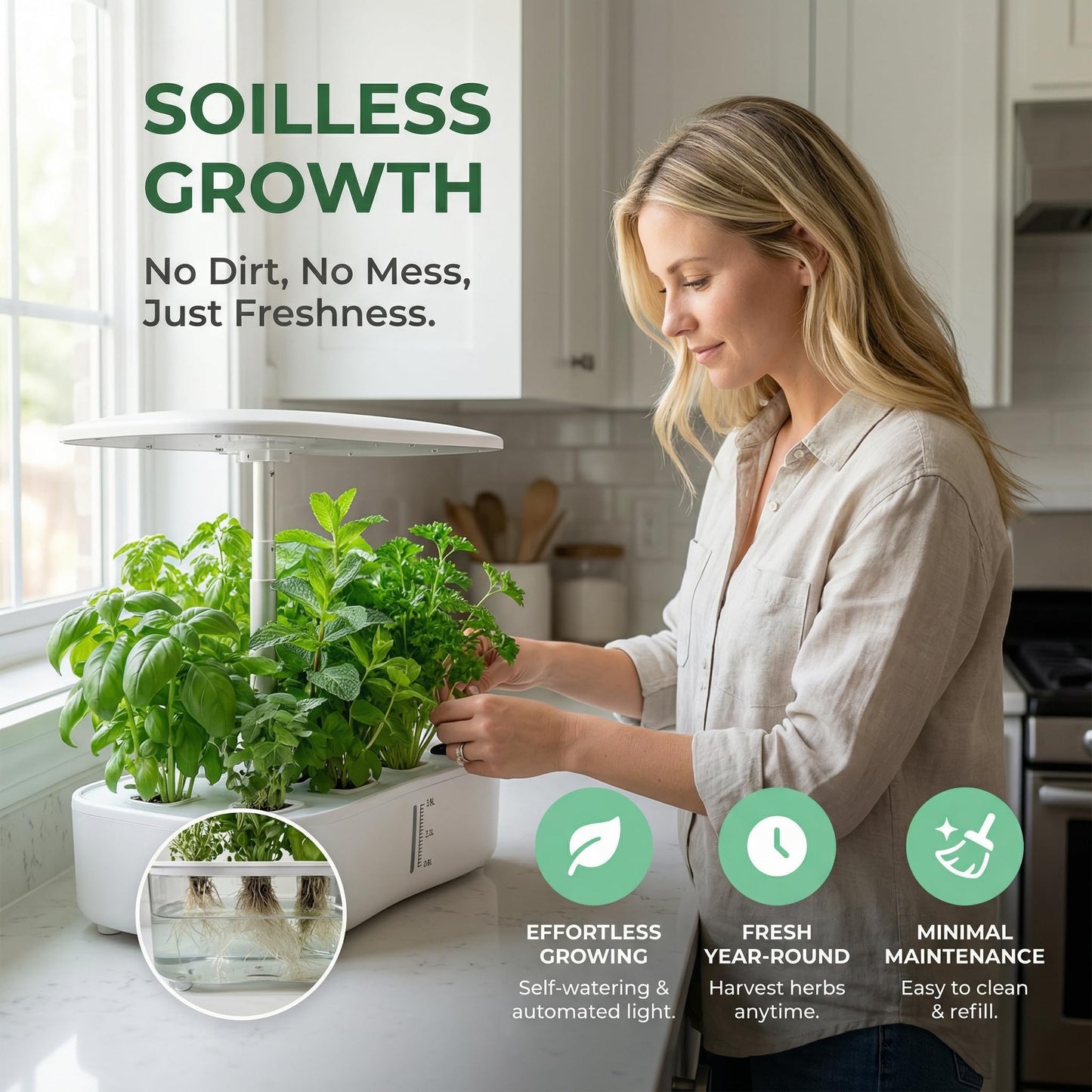 Hydroponics Growing System Kit, Soil-Free Indoor Herbs Garden, 12 Pods Plant Growth Equipment with 24W Full Spectrum LED Grow Light, Smart Silent Cycle Water Pump, 3.8L Tank for Gardening