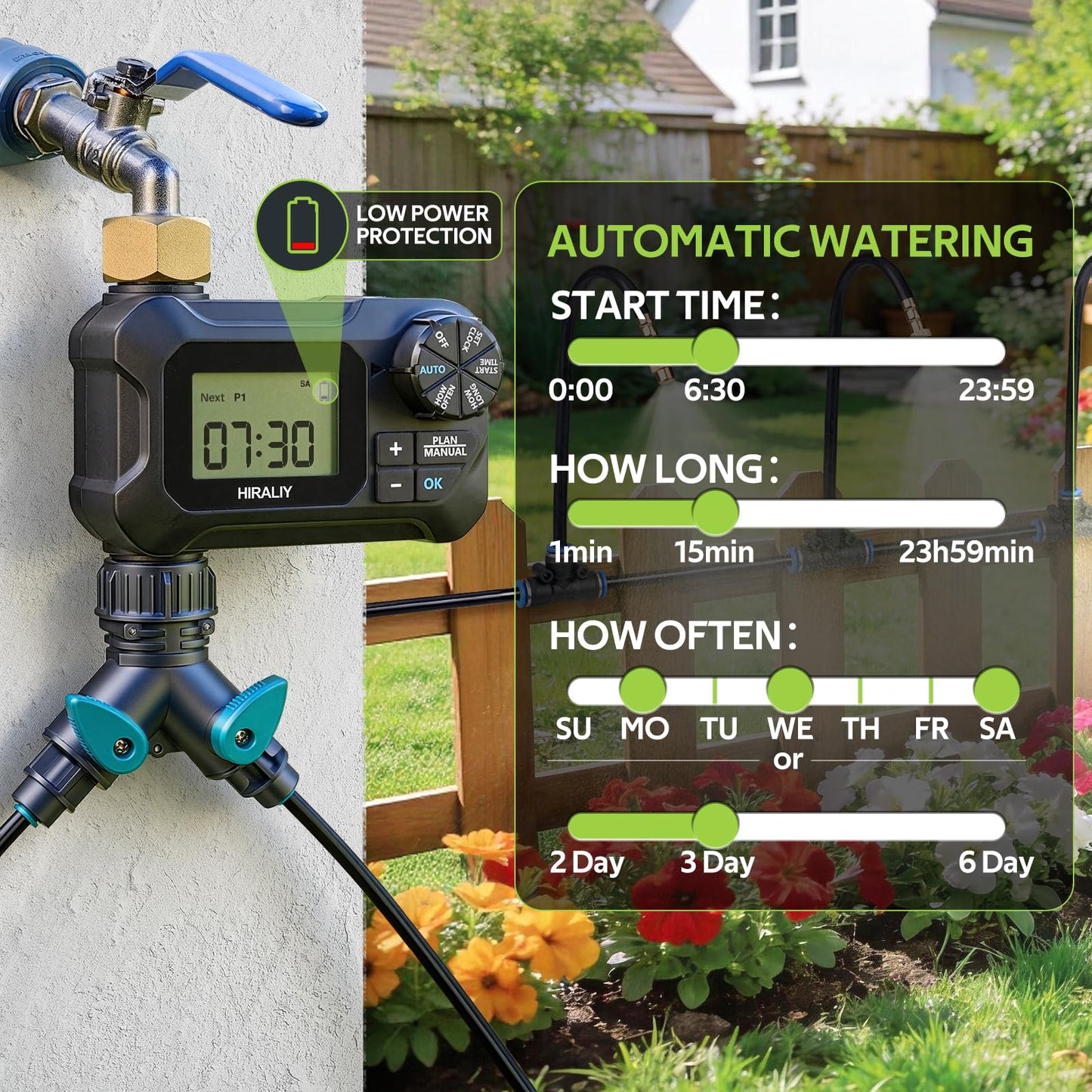 HIRALIY 360° Adjustable Drip Irrigation System 100FT with Timer, 1/4" Tubing and Adjustable Copper Nozzles, Automatic Atomizing Watering Kit for Garden, Yard, Lawn, Greenhouse & Potted Plants