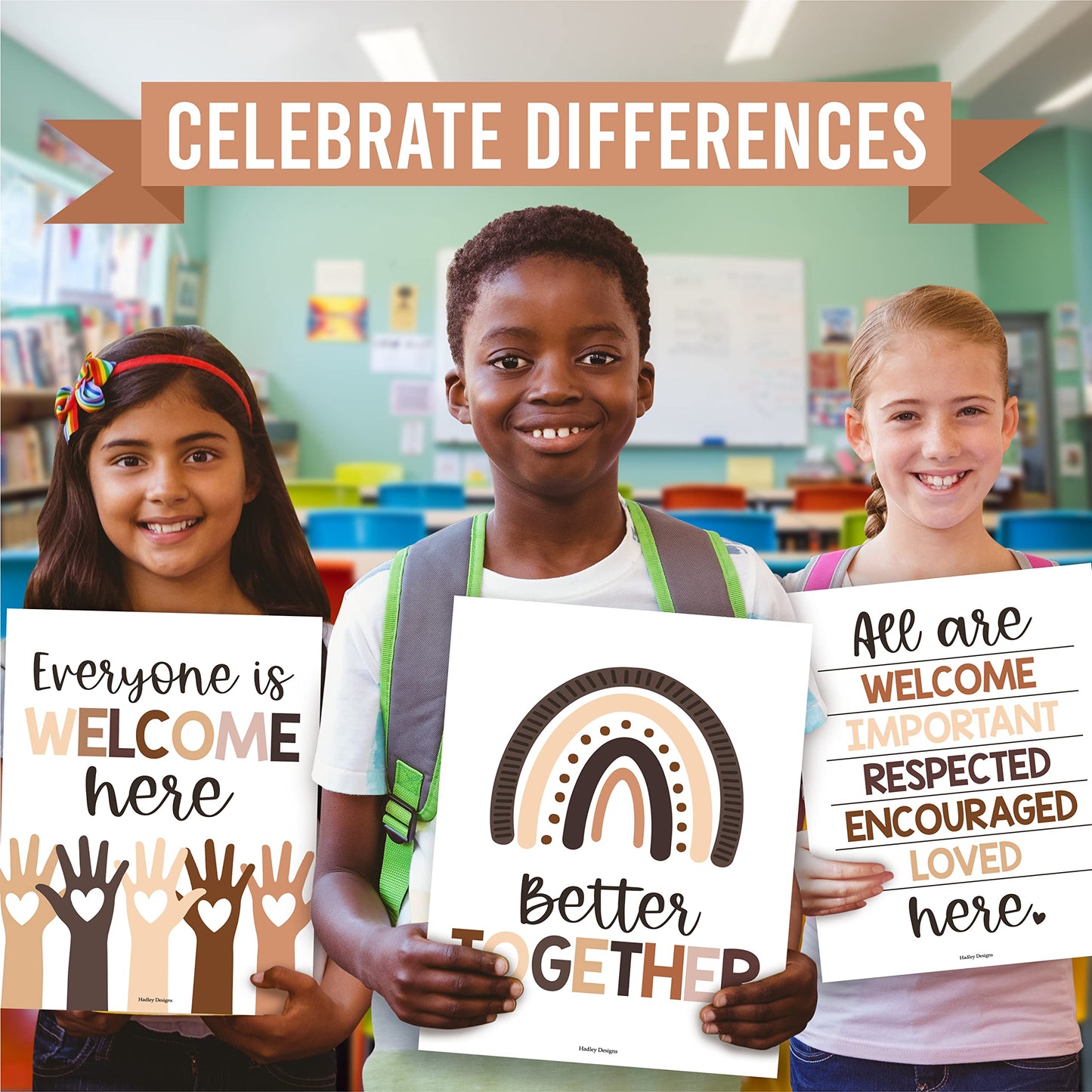 Hadley Designs Diversity Posters For Classroom Elementary –6 Inclusive Everyone Is Welcome Classroom Decor, Safe Space Sign Preschool Kindness Posters For Classrooms, Neutral Multicultural Poster