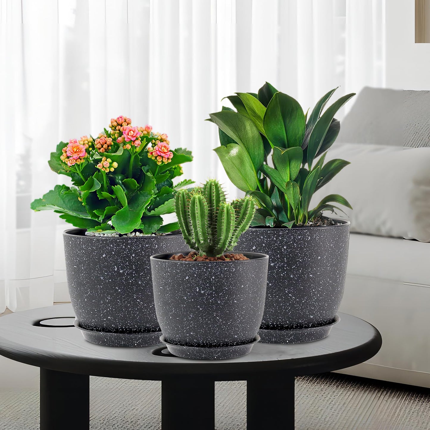 WSMKSZ Plant Pots 10/9/8 inch, Set of 3 Modern Decorative Plastic Planters with Drainage Holes and Saucers for Garden House Plants, Flower Pots for Indoor Outdoor Plants, Speckled Black