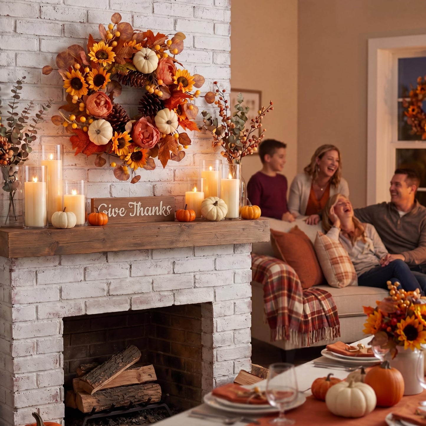 Artificial Fall Autumn Wreath 22 in with Sunflower,Peony,Pumpkin, Eucalyptus Leaf for Front Door Thanksgiving Wreaths Wall Window Harvest Festival Celebration