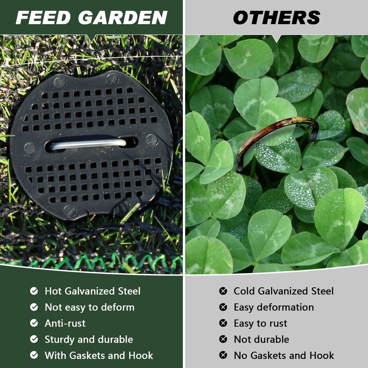 FEED GARDEN Landscape Staples 6 Inch 50 Pack Kit, Heavy Duty 11 Gauge Hot-Dip Galvanized Garden Stakes with 50 Gaskets & 1 Pick Hook for Weed Barrier, Landscape Fabric, Sod, Turf & Garden Edging