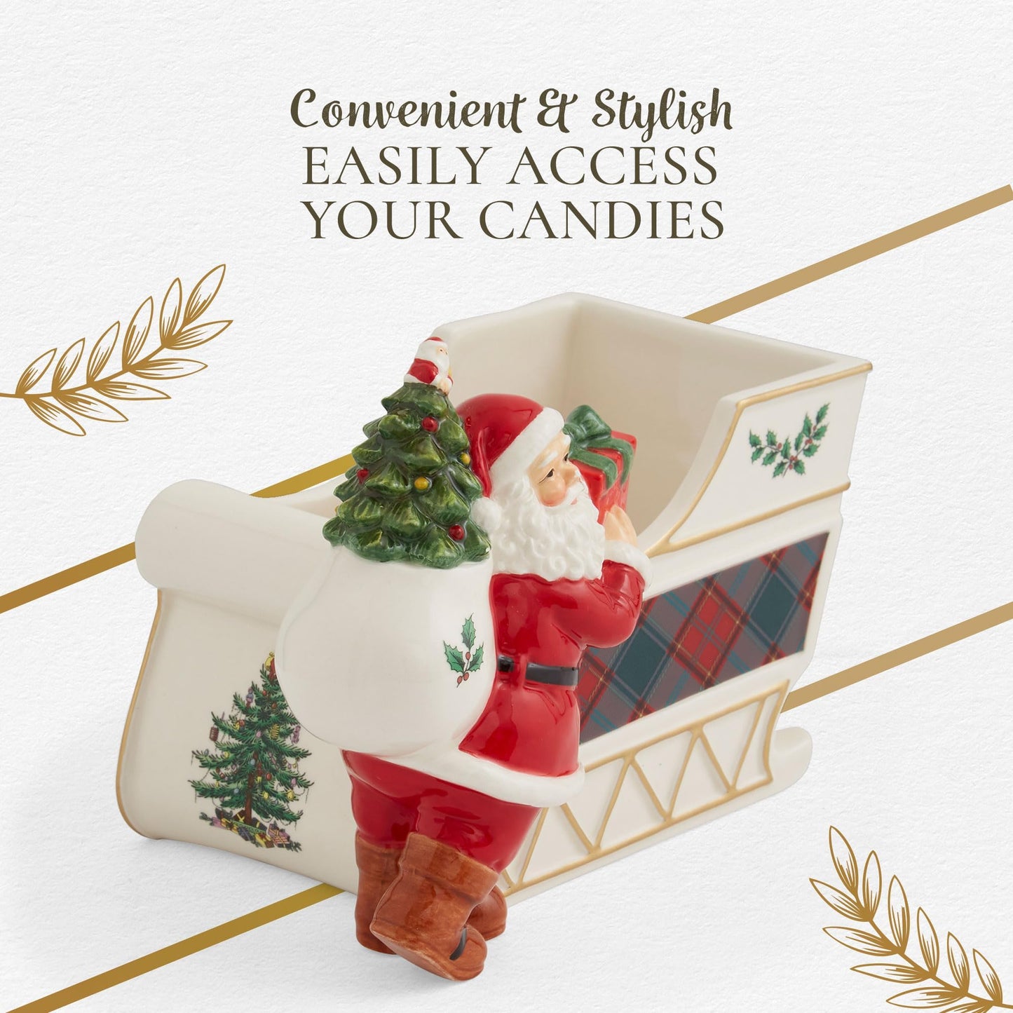 Spode Christmas Tree Santa Sleigh Candy Jar - 8-Inch Christmas Candy Storage Container - Fine Dolomite Figural Santa Sleigh Snack Jar for Holiday Decor, Dessert Tables, Gift Displays