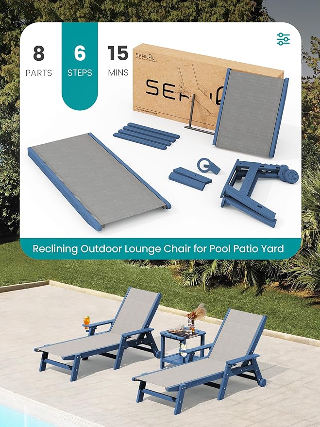 SERWALL Textilene Patio Chaise Lounge Chair, 5 Positions Adjustable Outdoor