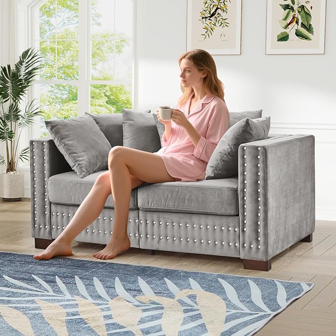 60.5"W Loveseat Sofa, Velvet Mid Century Modern Couch