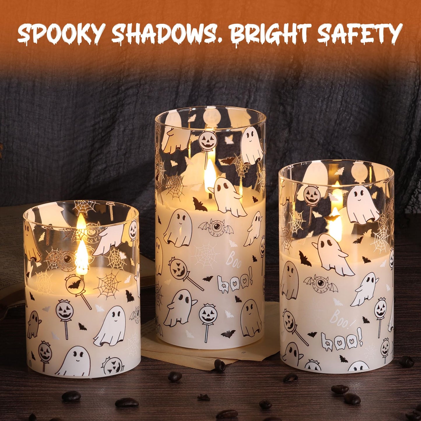 Girimax Glass Flameless Pillar Candles with Remote, Halloween Flickering LED Wax Candles Battery Powered Set of 3
