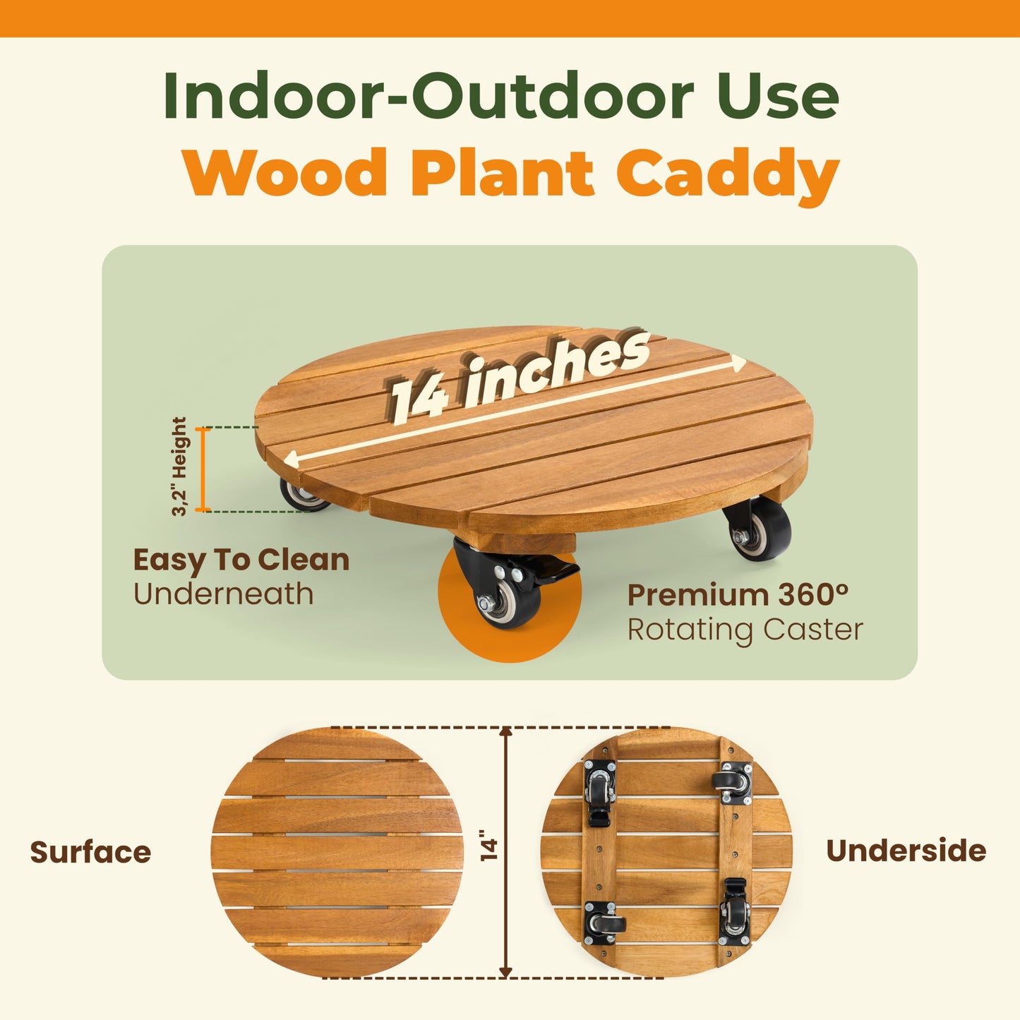 Jurax 14 Inch Wood Plant Caddy with Wheels – Heavy Duty Plant Dolly Holds Up to 286 lbs, 360° Lockable Casters, Rolling Plant Stand Indoor Outdoor for Large Pots – 2 Packs, Round-Golden Teak