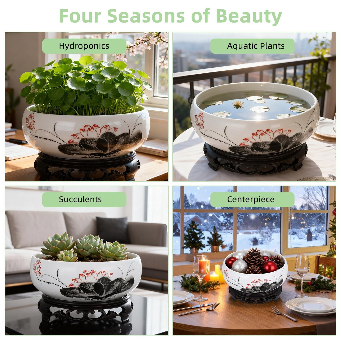 Veemoon Ceramic Lotus Bowl Planter, Chinese Hydroponic Pot with Base Round Pottery Shallow Planter Flower Plant Succulents Bowl Thickened No Drainage Pot for Indoor Outdoor Zen Garden Decor (6.68")