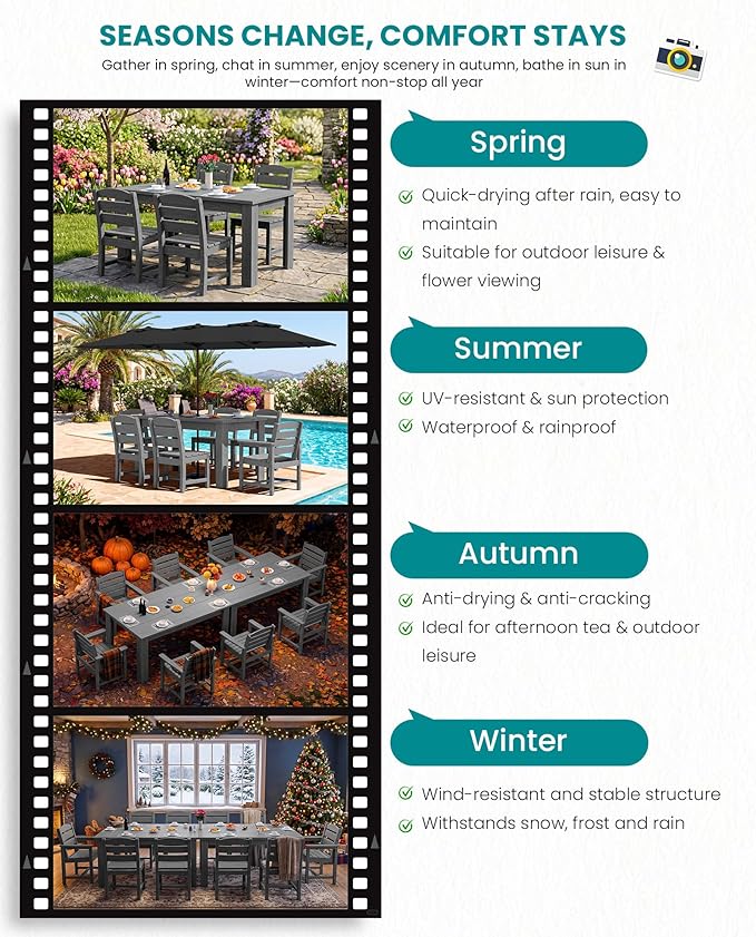 SERWALL HDPE Dining Set for 8: 2 Umbrella Hole Tables + 8 Chairs. Includes 8