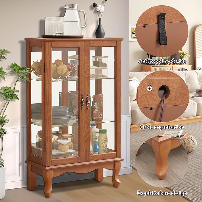 Curio Cabinet With Lighted Tall Leg Glass Door, Antique Display With Mirrored