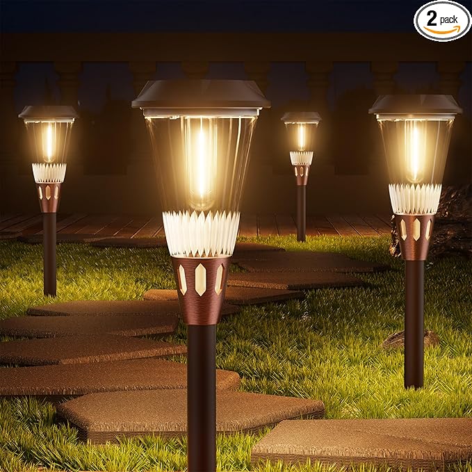 Super Bright Solar Pathway Lights 2 Pack, 2-in-1 Warm&Cold Light 3000K/6500K Waterproof IP65, Outdoor Solar Powered Lights for Garden,Path,Yard,Driveway,Landscape