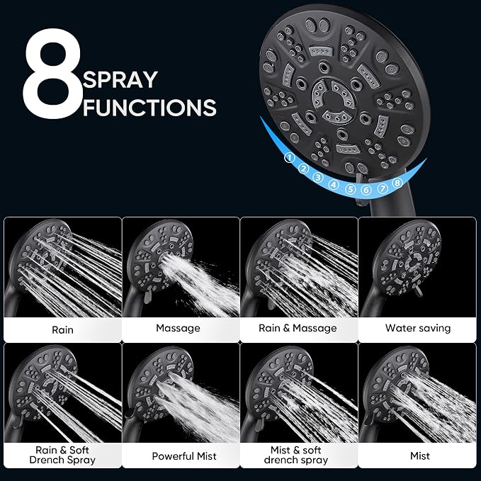 Cobbe 8-Setting Handheld Shower Head Bathroom Showerhead Set - Detachable Shower Heads with 5ft Stainless Steel Hose and Brass Swivel Bracket (Matte Black)