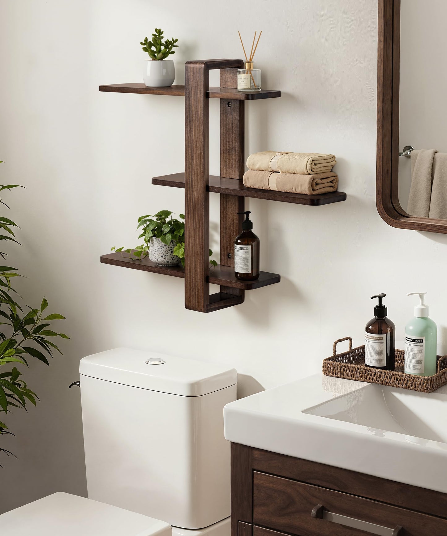 SUMGAR Floating Shelves for Wall Walnut Mounted Shelf Unit for Living Room Bedroom Bathroom Mid Century Modern Decorative Storage Plant Photo Display Home Decor 3 Tier Large 20in All Pine