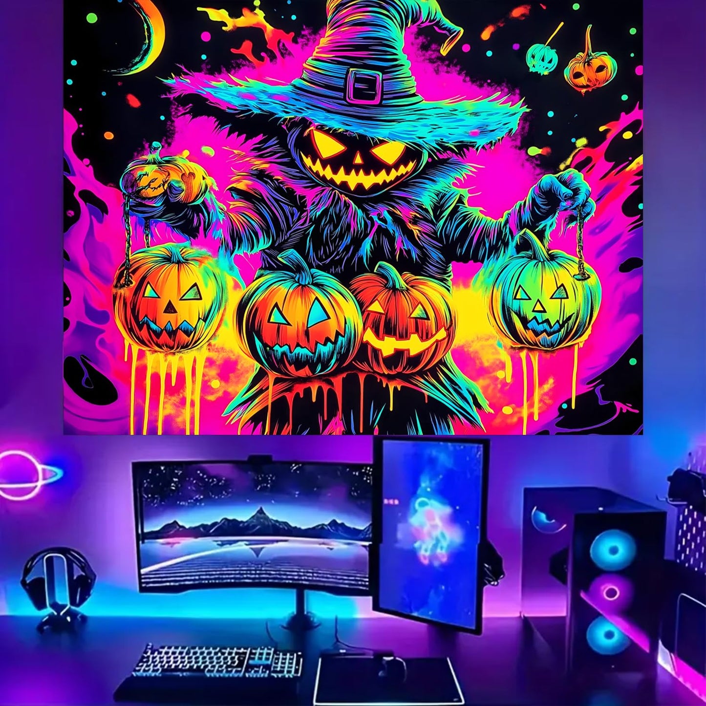 BSFHH Black Light Tapestry – UV Reactive Glow in the Dark Wall Hanging, Spooky Night Scene with Ghosts & Pumpkins, Haunting Home Decor for Parties, Bedroom, or Dorm (Pumpkin, 79L x 59W, Unframed)