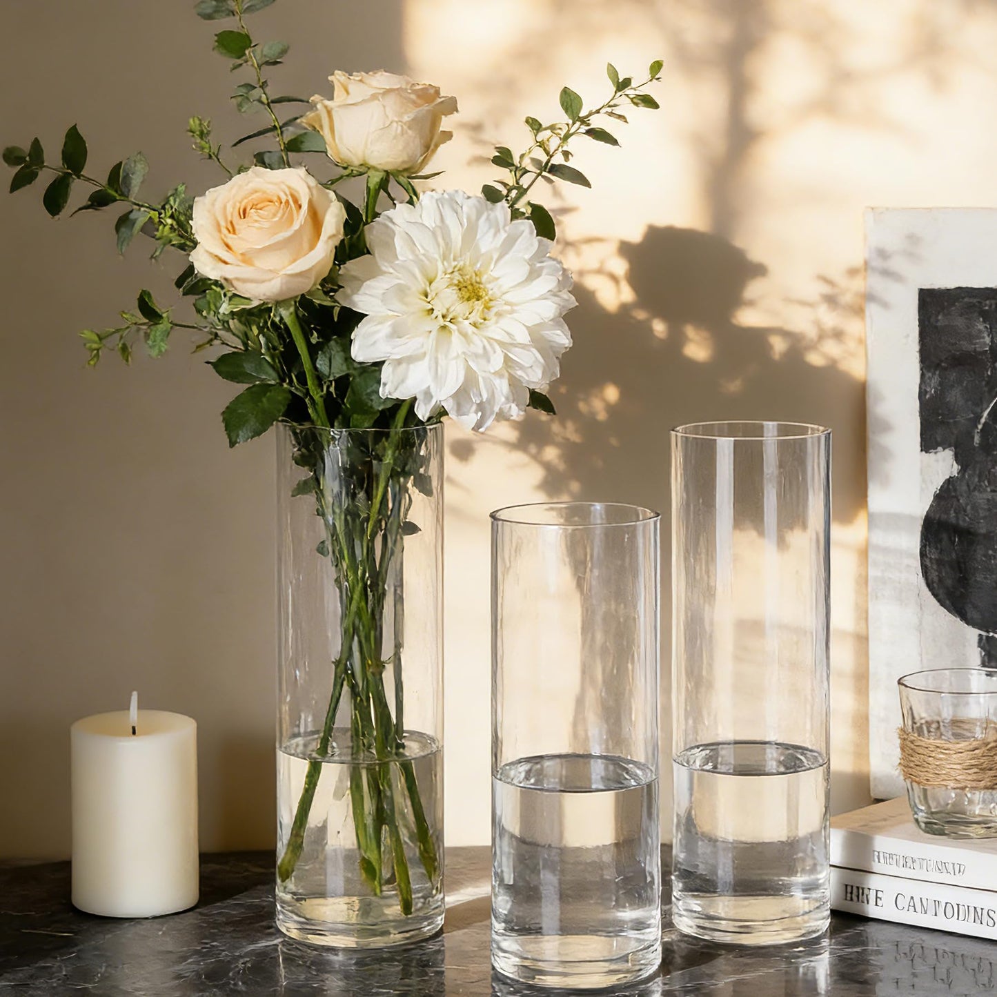 RosPynn Flower Vase Acrylic Cylinder,Set of 3 Pcs, Clear Vase for Centerpieces,Wedding Decorative,Home Décor, Non Breakable Plastic, 7.86"+9.84"+11.8" Tall Round - Clear