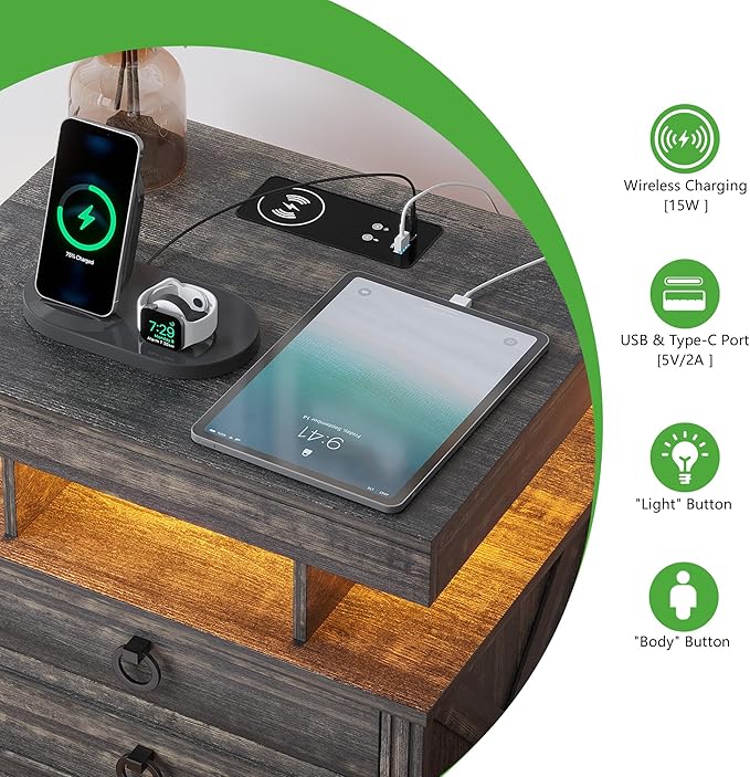 HNEBC Night Stand Set 2 with Gun Drawers, Farmhouse Nightstand with Charging