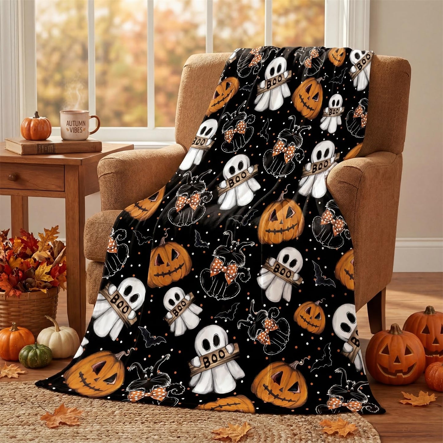 Horaldaily Halloween Flannel Blanket Throw, Jack-O-Lantern Ghost Cat Dots Soft Fuzzy Plush Cozy Fleece Blankets for Couch Sofa Bed Lounging, Ideal Gifts for Kids Adults Wife Self, 50x60