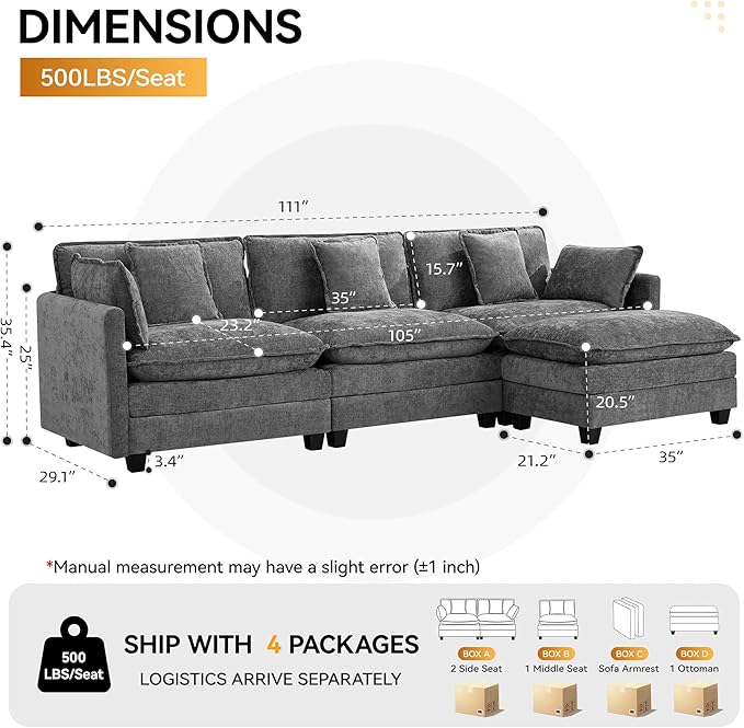 111'' Sectional Cloud Deep Seat Couch, Modern Comfy Chenille L Shaped Sectional