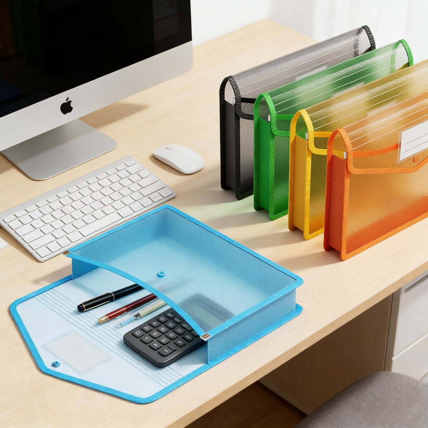Plastic File Folder, 9 Pcs Large-Capacity Poly Envelope Expanding Wallet Document Folder Letter Size A4 Accordion File Pouch with Label Pocket, Snap Button for School Home Work Office Organization