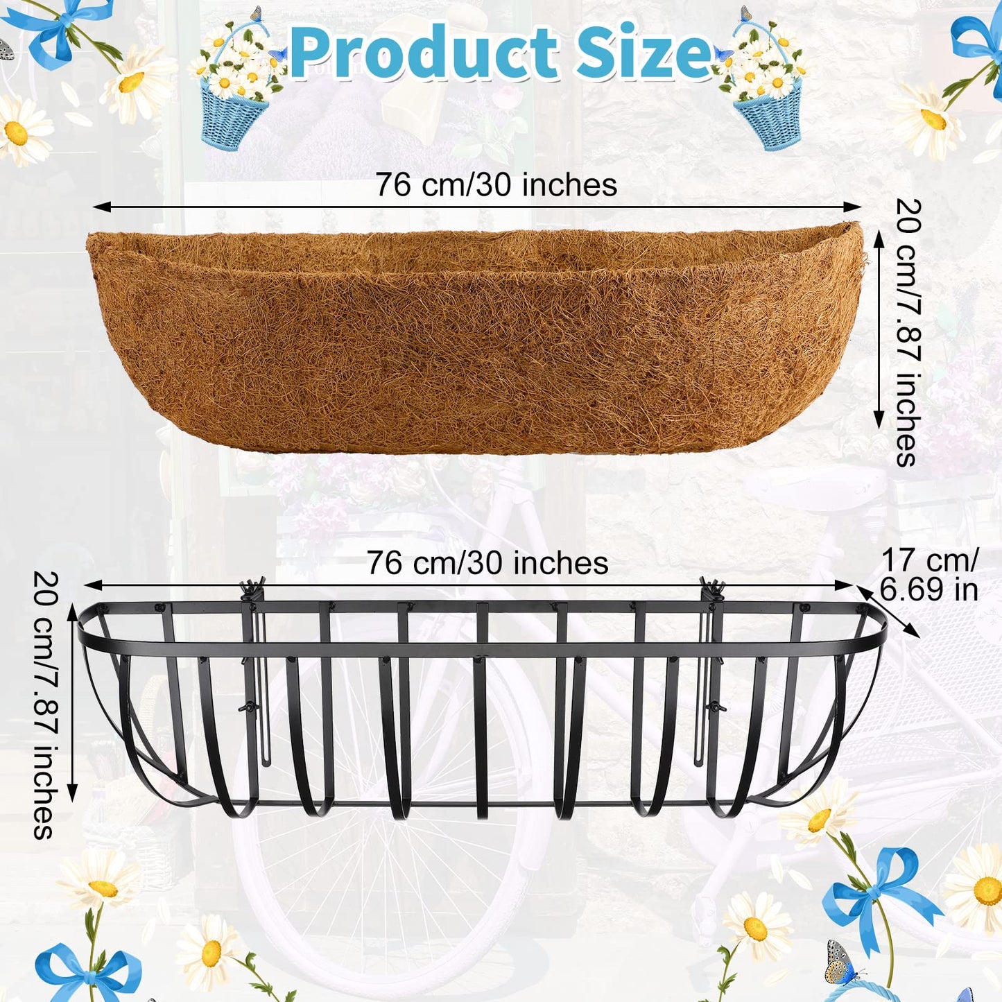 Tessco for you 6 Pieces Railing Planter Boxes, 30 Inches Window Box Planters with Coco Liner and Adjustable Brackets for Deck Porch Fence Patio Balcony Gardening Outdoor Plants