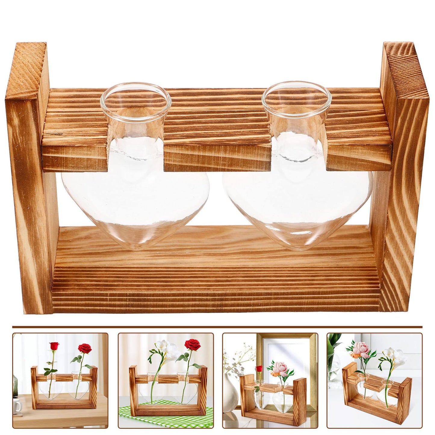 SUPVOX Wooden Stand Glass Heart-Shaped Vase for Indoor Plants, Hydroponic Terrarium Planter, Tabletop Decor Set with 2 Glass Vessels, Suitable for Home and Office