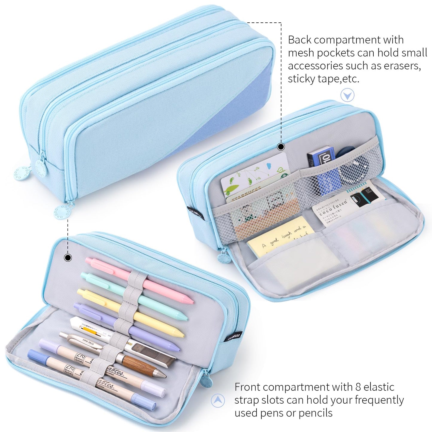 CICIMELON Big Capacity Pencil Case 3 Compartments Pen Pouch Bag Multifunctional Organizer for School Office, Haze Blue