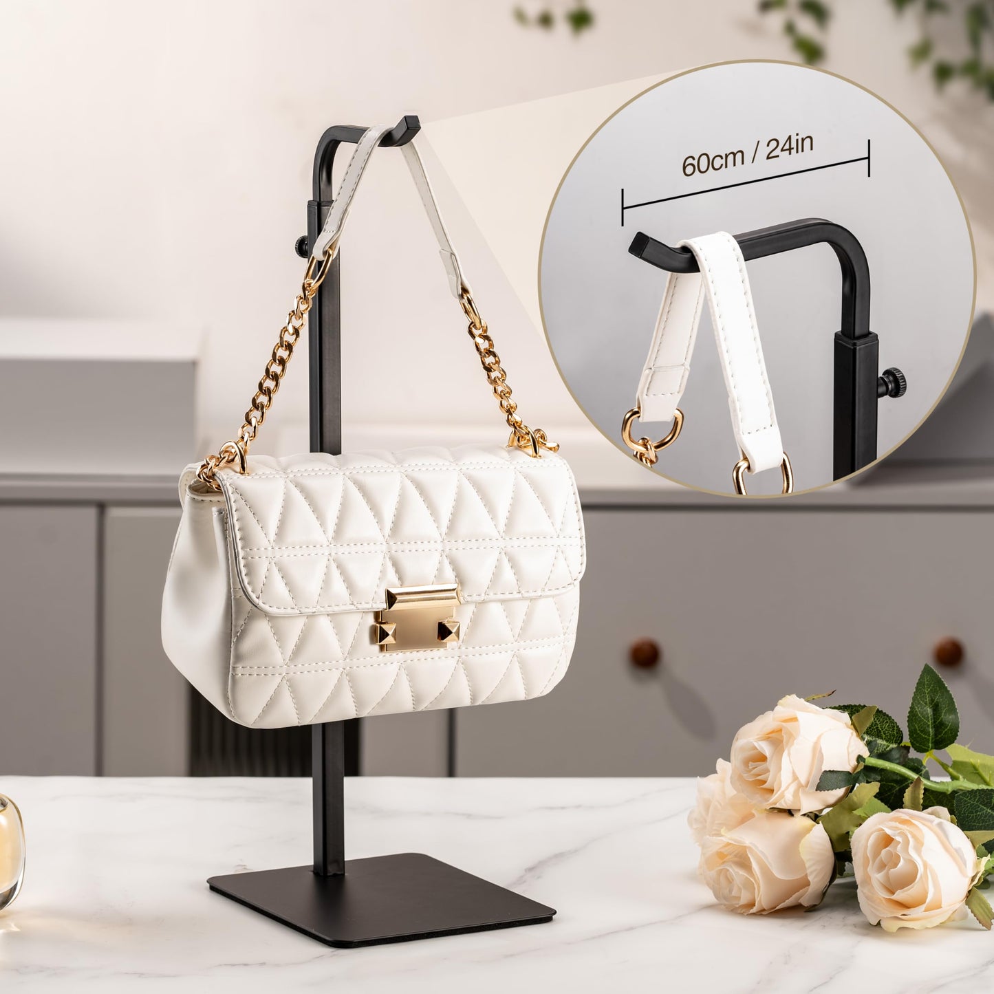 Josmimic 3 Pack Purse Holder Handbag Display Stand: Hanger Rack Showing Bags, Purses, and Wreath, Adjustable Black Hook Stand for Tabletop, Closet, Desk, and Retail Use for Vendors
