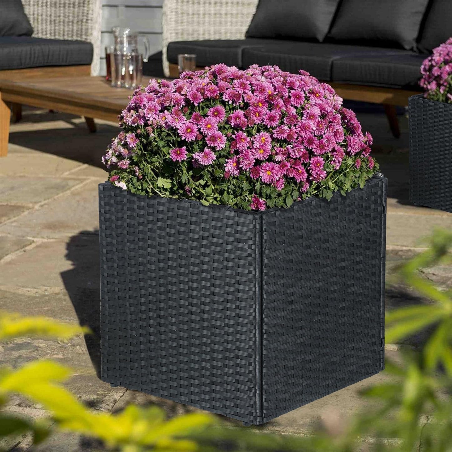 SUNNYPARK Black Square Planter Box All-Weather PE Rattan Large Modern Planters with Removable Liner Indoor Outdoor Decorative Flower Pot for Patio, Balcony, Garden