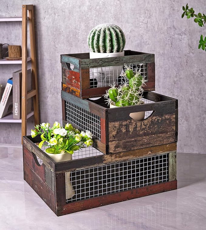 TIMRIS Set of 3 Rustic Wood Nesting Crates, Farmhouse Distressed Wooden Storage