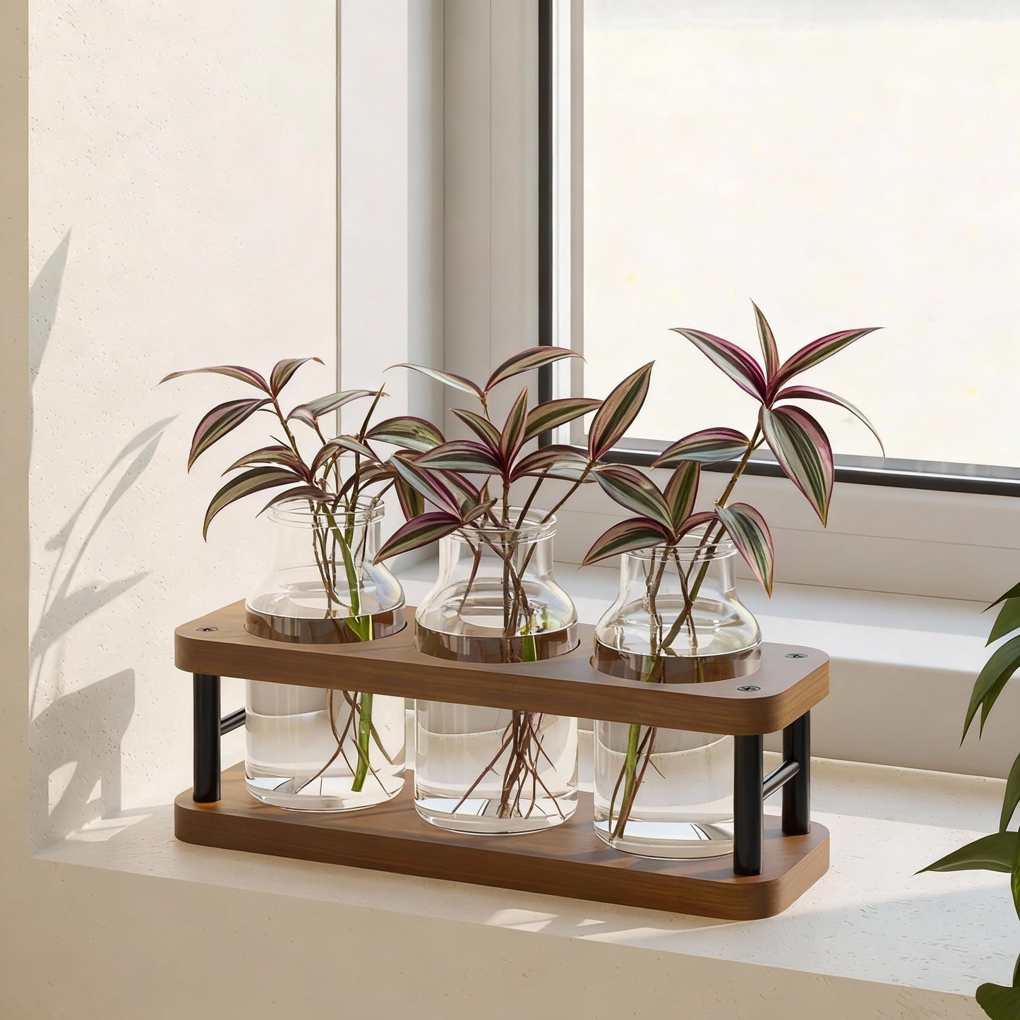 THYGIFTREE Plant Propagation Station with Wooden Stand, Propagation Vases Glass Planters for Indoor Plants Hydroponic Propagating Jars Home Office Decor, Brown