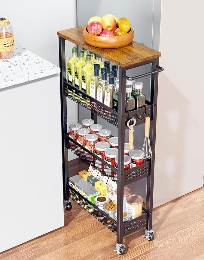 OKZEST Utility Slim Storage Cart, 4 Tier Small Rolling Kitchen Laundry Room Cart