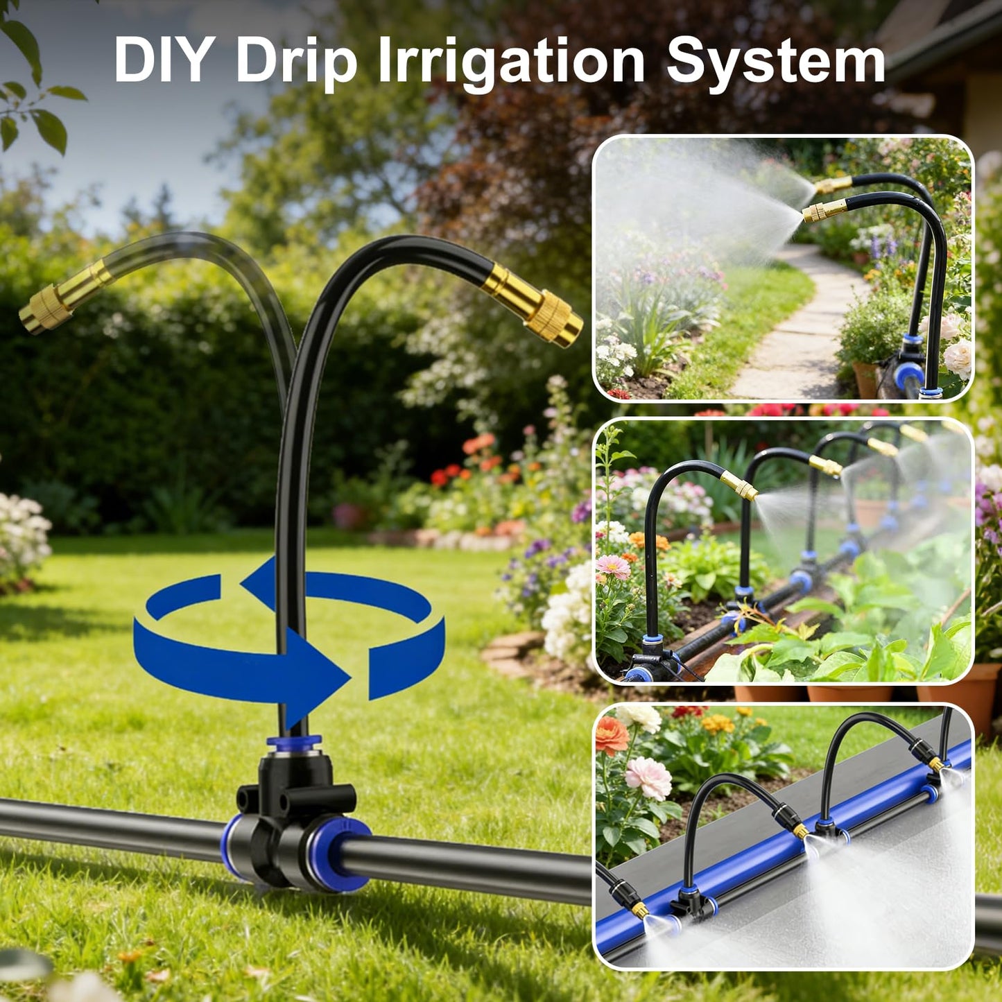 360° Adjustable Drip Irrigation System-50FT Garden Watering System with 16 Brass Nozzles,Irrigation System for Garden/Yard/Lawn,Greenhouse Accessories, 5/16" Tubing Garden Irrigation System