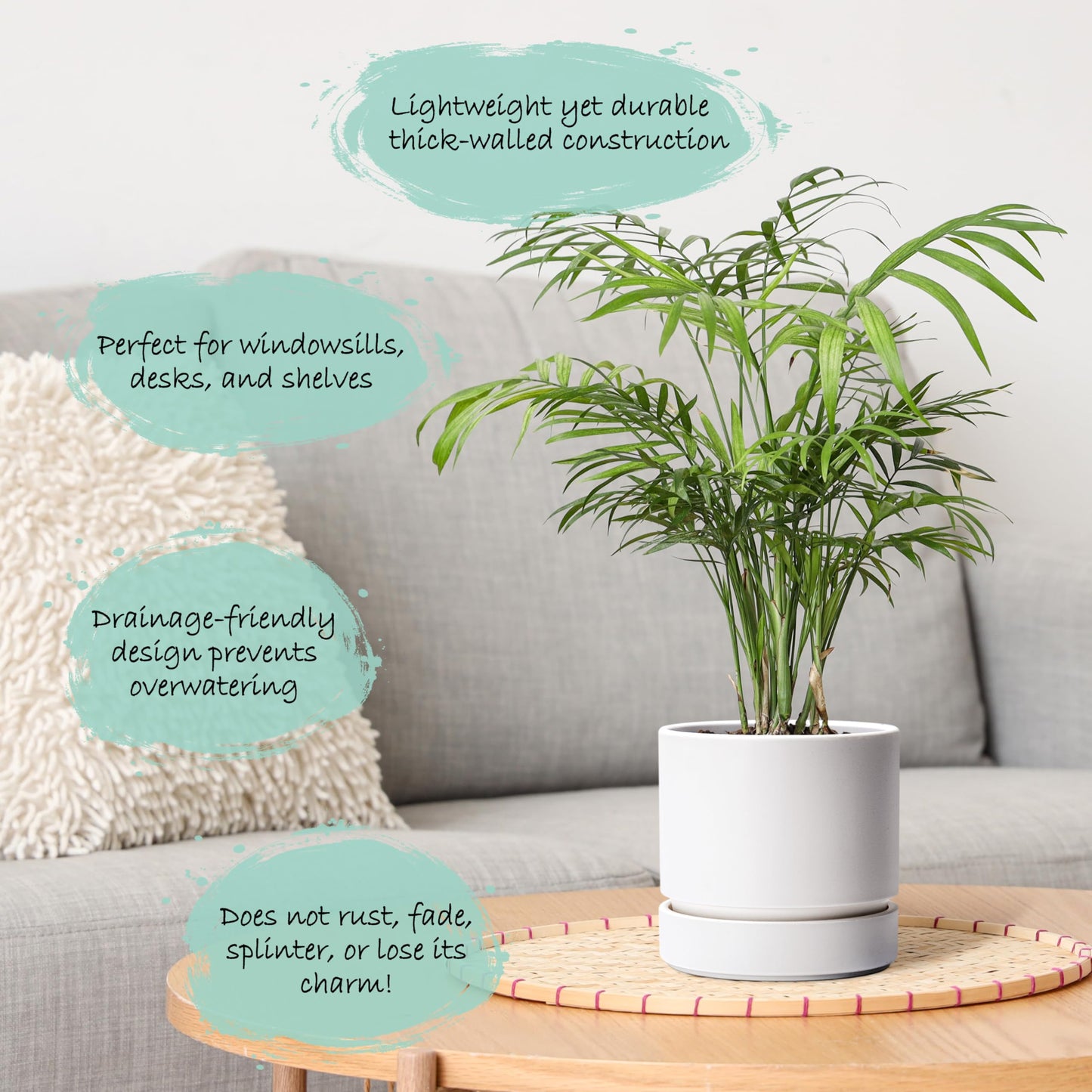 6 Inch Modern Plastic Round Pots for Indoor Houseplants and Herbs, Pack of 3 Planter Pot with Drainage Hole & Saucer, Deep Water Catch Tray, Straight Cylindrical Pot for Plants, Matte White, 23-D-S-1