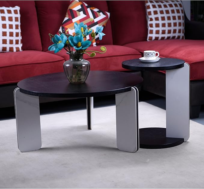 GDFStudio Round Nesting Coffee Table Set of 2, Modern Wooden Accent Side Table