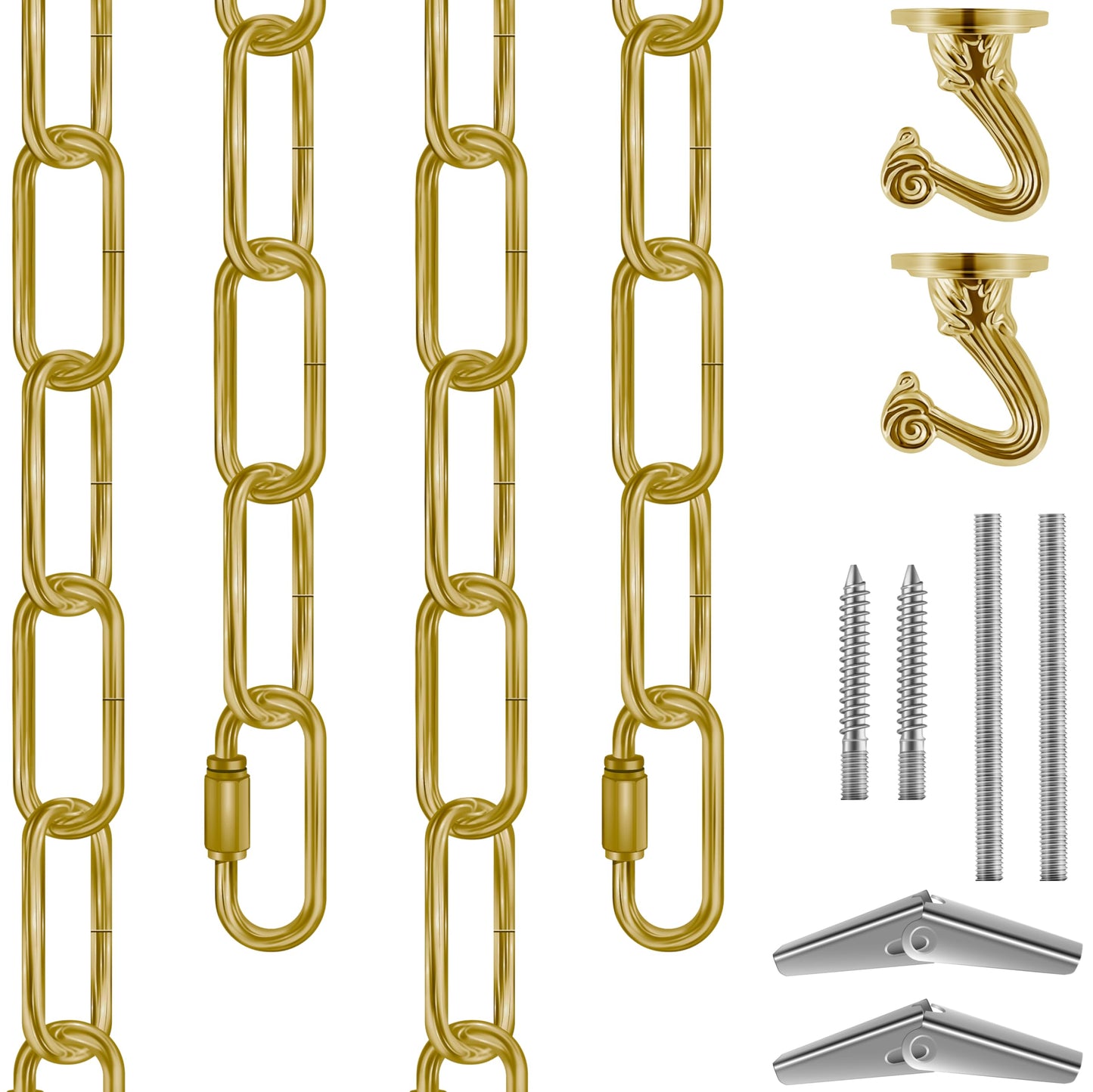 Omytie 12 Ft Heavy Duty Hanging Chain Kit with Connection Locks & Swag Ceiling Hooks for Lighting Fixture, Chandelier, Pendant, Lantern, Swag Lamp, Plant/Flower/Fruit Basket, Bird Feeder (Brass)