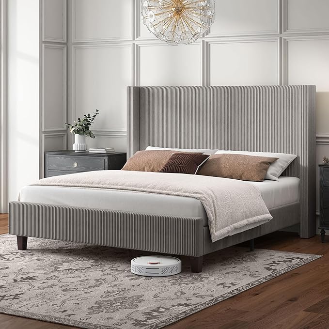 HOWE King Size Bed Frame with 50.8" Tall Wingback Headboard, Modern Corduroy