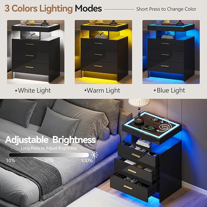 Black Night Stand with Wireless Charging Station, Smart Bedside Table with 3