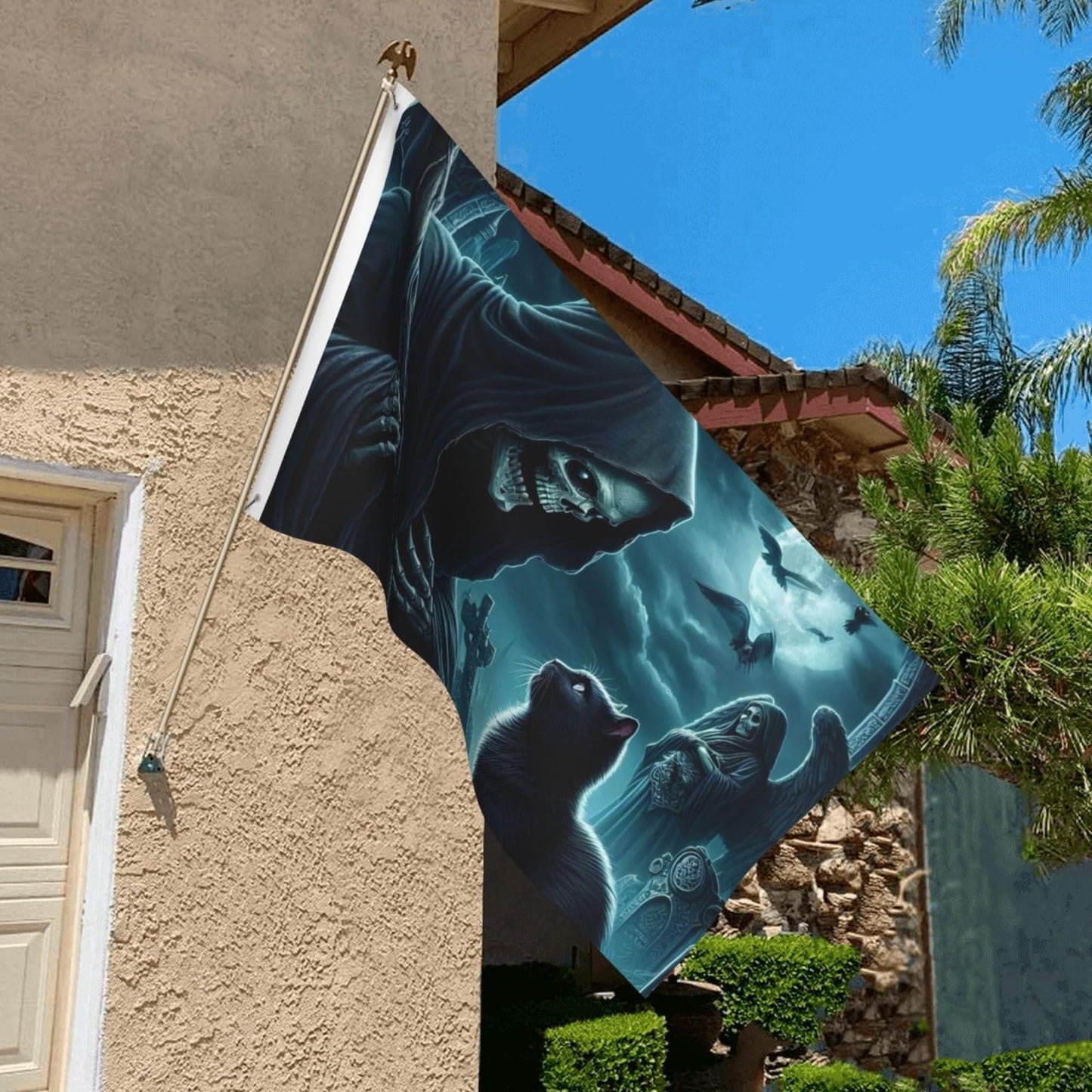 BOXIMIAO Reaper And Black Cat At Cemetery Flag 3x5 Ft Outdoor Polyester Garden Flag Double Sided Banner For Yard Lawn Porch Balcony Home Decorations