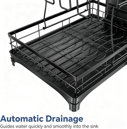 Simple Trending Dish Rack, Stainless Steel Dish Drying Rack for Kitchen Counter, Large Capacity 2-Tier Dish Drainer Organizer with Utensil Holder, Black