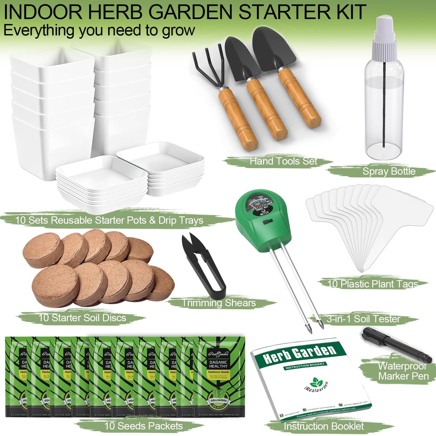 Indoor Herb Garden Kit – 10 Non-GMO Herb Seeds with Soil, Pots & Moisture Meter – Easy Windowsill Gardening Starter Set – Unique Gift for Gardeners, Home Chefs & Families