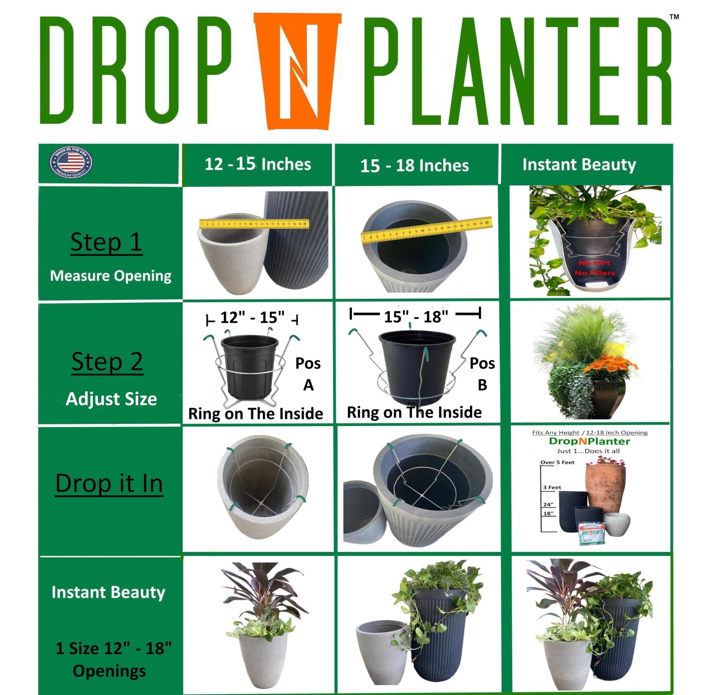 Premium Adjustable Planter Insert. Start at The TOP/Any Height Flower Pot. Any Opening 12-18 Inches Wide - Patented Fit, Stable, No Tools, Watch The Video & Drop IT in..Made in The USA