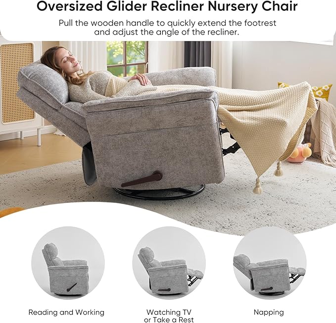 Rocking Chair Nursery with Adjustable Headrest, Manual Swivel Rocker Recliner
