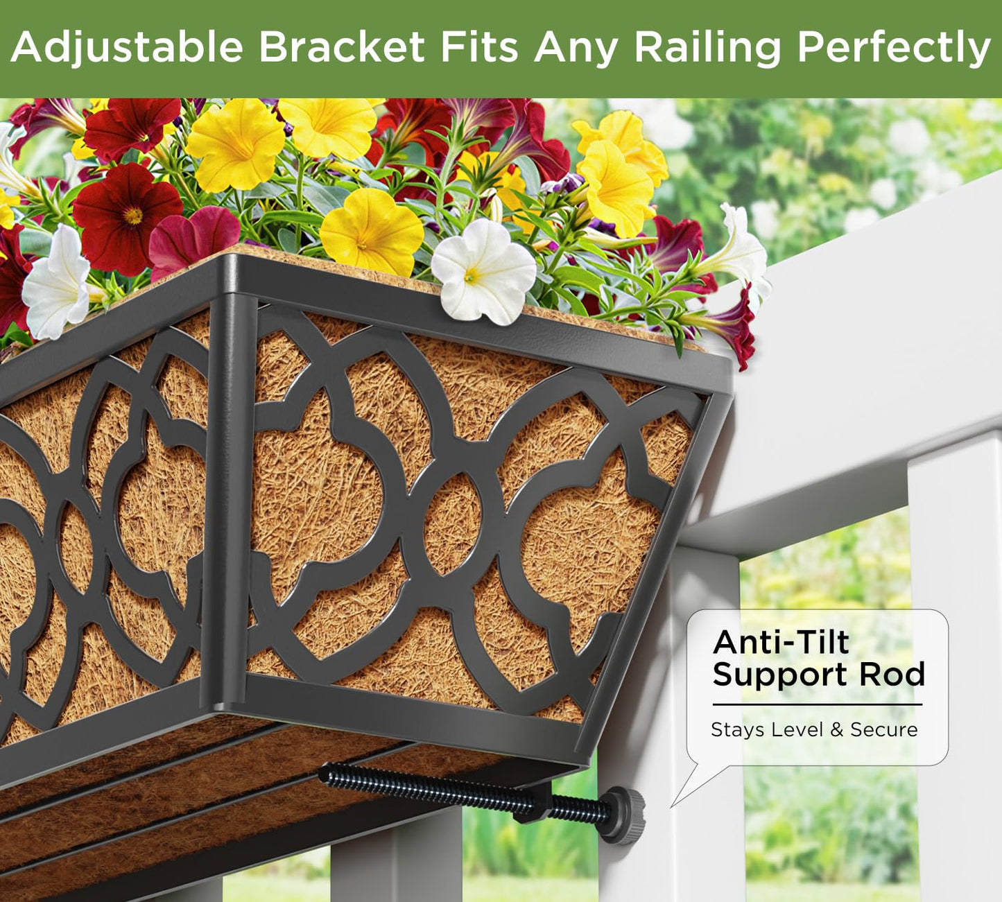 Y&M Deck Railing Planter Boxes, Adjustable Balcony Planter for Outdoor Plants, Metal Railing Planter Box for Deck, Fence and Porch, Window Boxes Outdoor, Sturdy Hanging Planter-24inch 2pcs