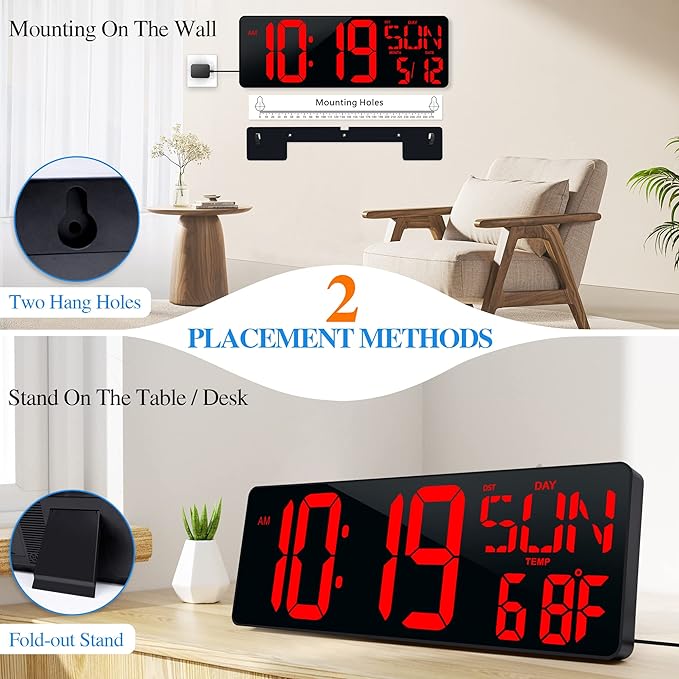 17.2"Large Digital Wall Clock Large Display with Remote Control 180°Visible | Timer with Temperature Date Week Auto DST Adjustable Brightness, for Living Room Classroom Garage Gym Gift for Senior Mom Dad