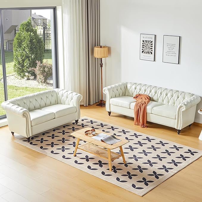 ORRD 2 Pieces Living Room Set, Chesterfield Faux Leather Sofa Loveseat Couch