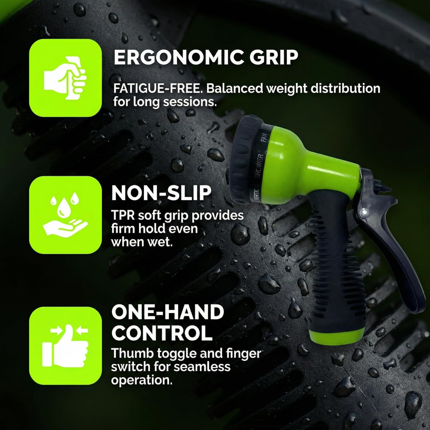 FXFOUCS Garden Hose Nozzle Sprayer-This High Heavy-Duty Spray Nozzle Offer 9 Watering Patterns for Watering Plants,Lawns &Gardens,Washing Cars,Household Cleaning and Showering Pets (Green-dark)