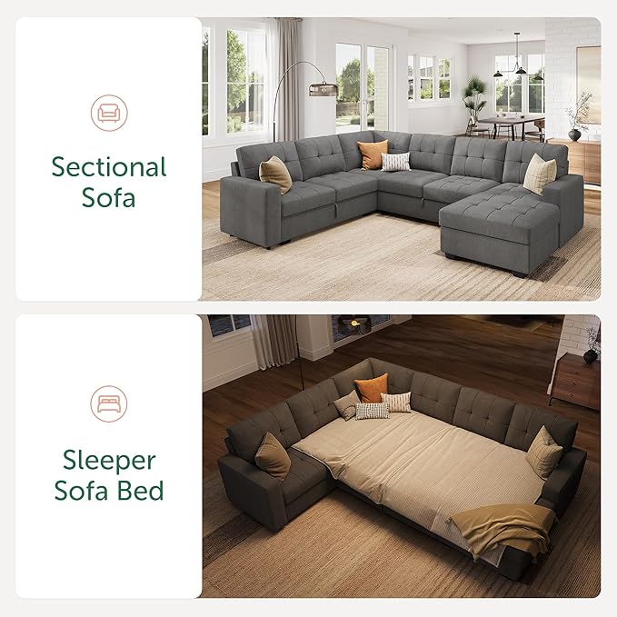 HONBAY Sleeper Sofa Bed with Storage Chaise, Sectional Couch with Pull Out Bed